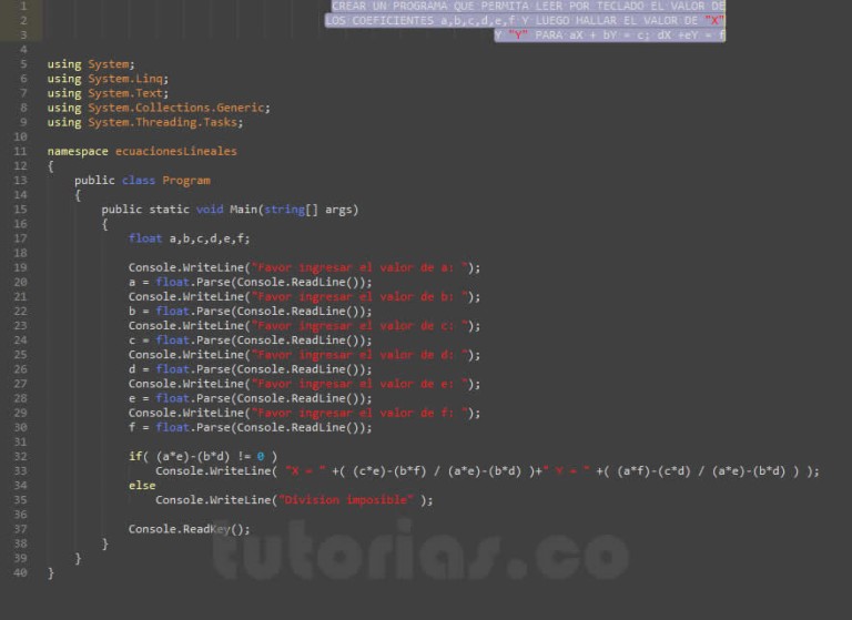 Operadores Visualstudio C Ecuaciones Lineales Tutorias Co