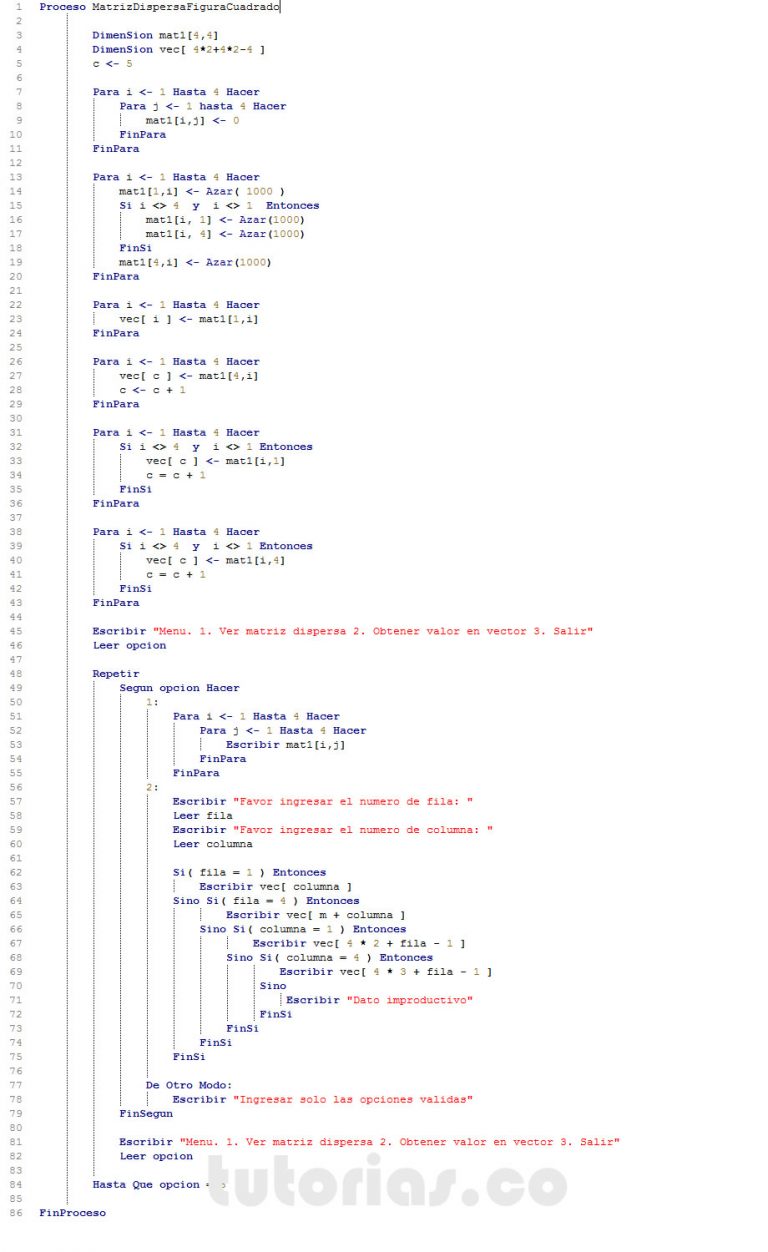 Arreglos PSeint Matriz Dispersa Figura Cuadrado En Vector Tutorias Co