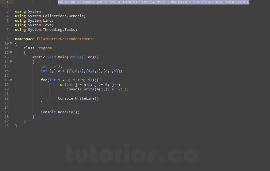 arrays – visualStudio c# (filas matriz descendentemente)