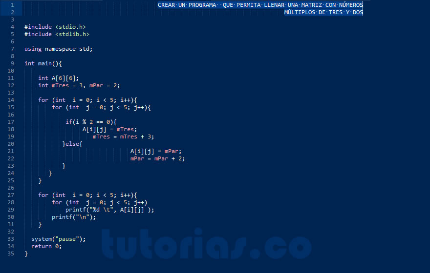 arrays – turbo C (filas multiplos de tres y dos)