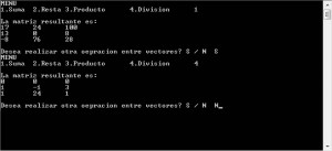 resultado ejecucion programa operaciones aritmeticas entre matrices