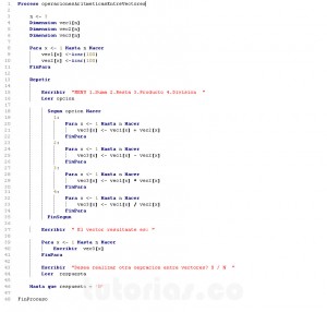 programacion en pseint: operaciones aritmeticas entre vectores