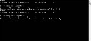 resultado ejecucion programa operacoines aritmeticas entre vectores