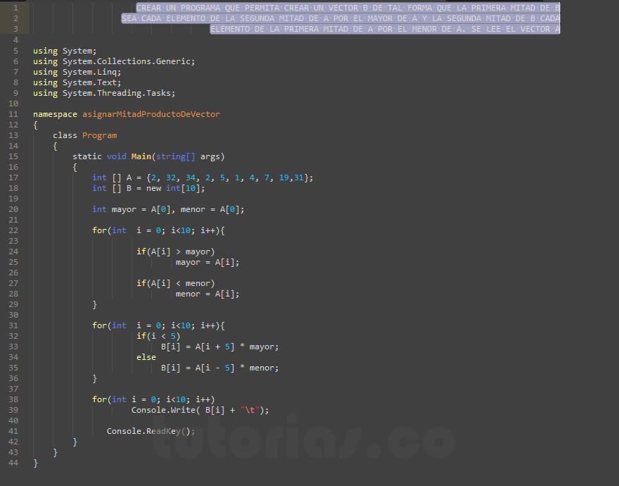 arrays – visualStudio c# (asignar mitad producto de vector)