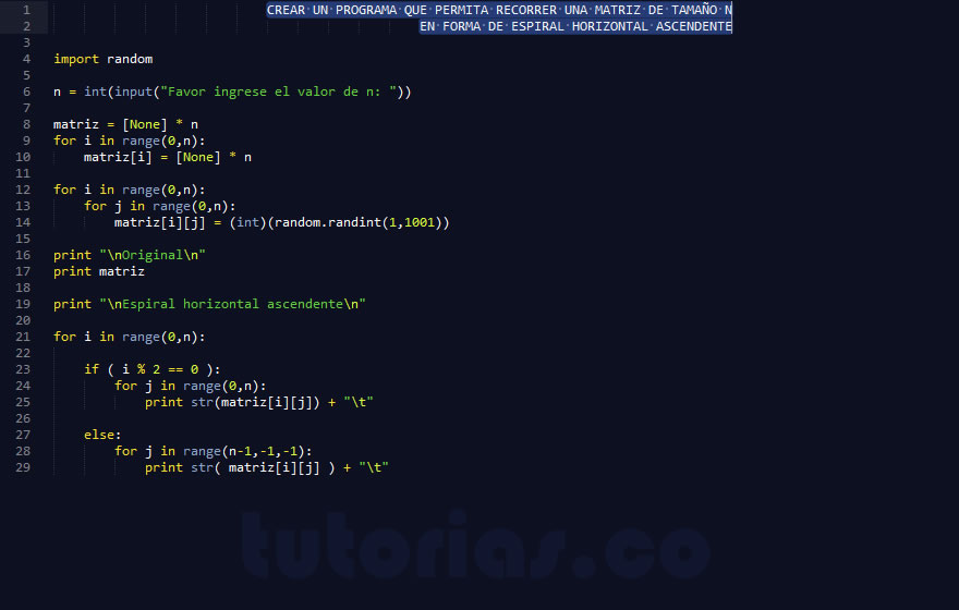 arrays – python (espiral horizontal ascendente)