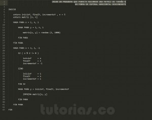 programacion en pseudocodigo: espiral horizontal descendente