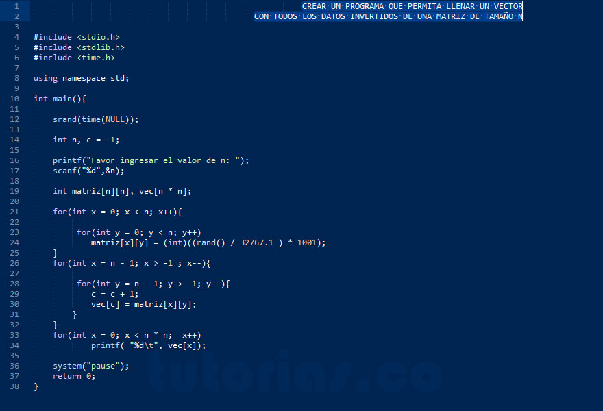 arrays – turbo C (llenar vector con matriz forma inversa)