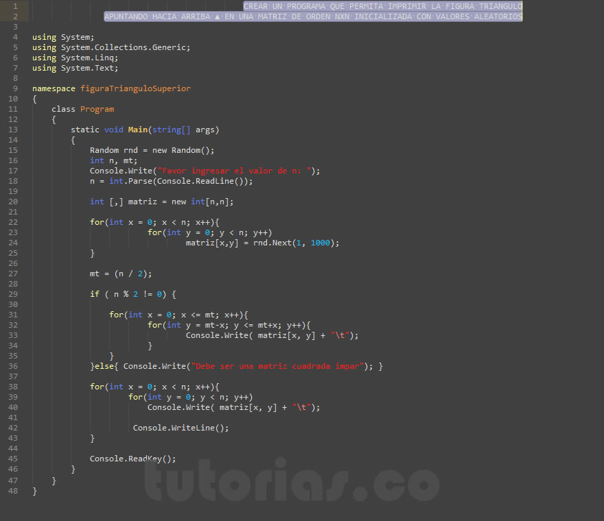 arrays – visualStudio c# (figura triangulo superior)