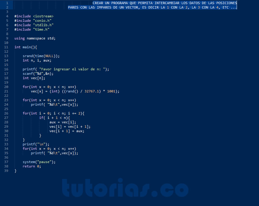 arrays – turbo C (intercambiar vector posiciones pares con las impares)