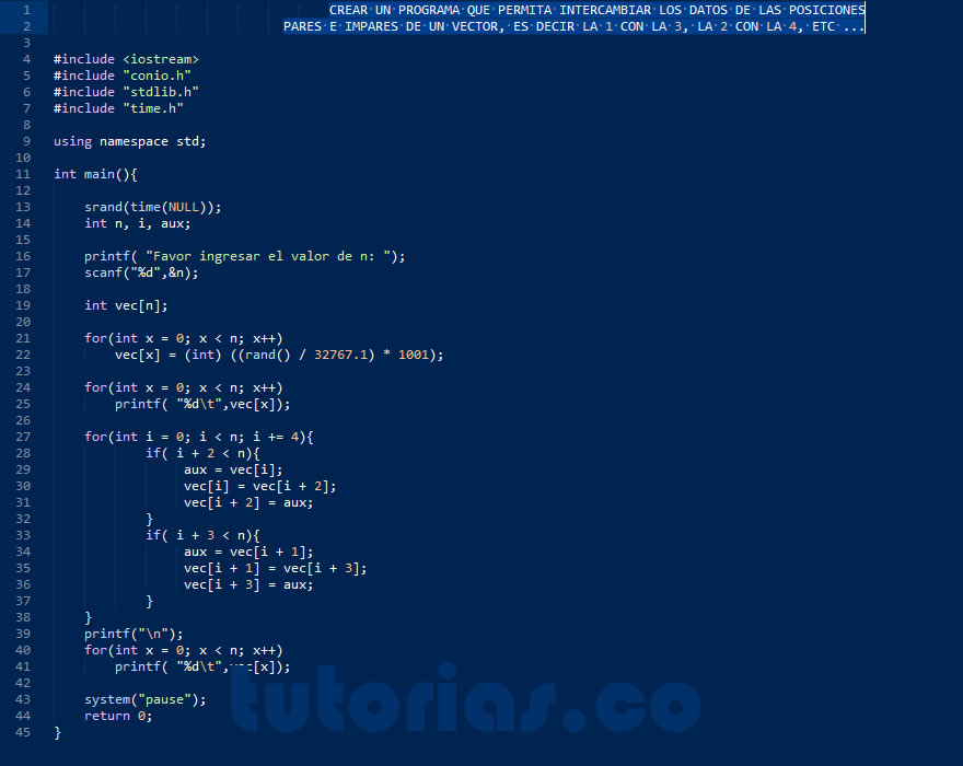 arrays – turbo C (intercambiar vector posiciones pares e impares)