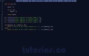 programacion en python: hallar el menor de cuatro numeros