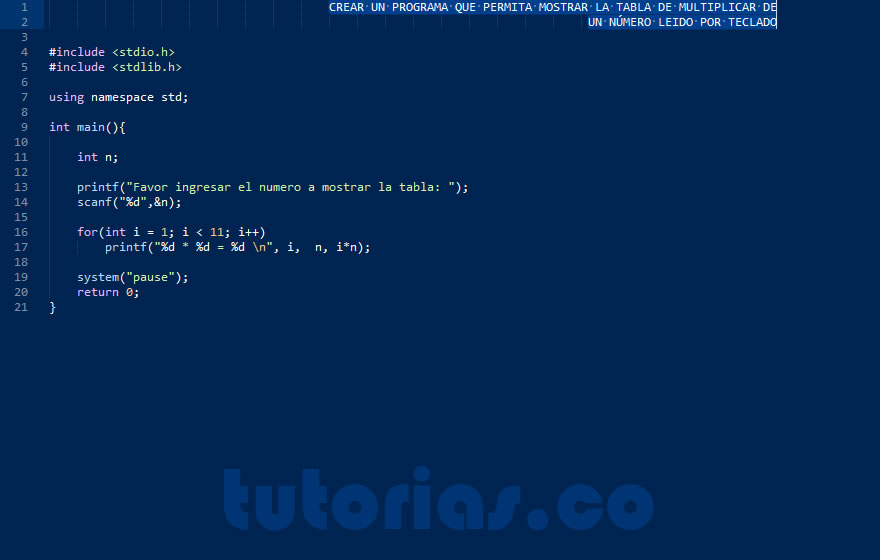 ciclo for – turbo C (tabla de multiplicar de un numero)