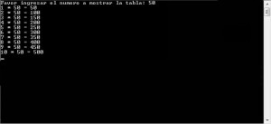 resultado ejecucion programa: tabla de multiplicar de un numero