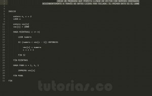programacoin en pseudocodigo: llenar vector datos descendentes