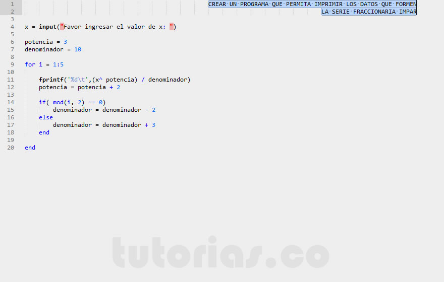 ciclo for – matLab (serie fraccionaria impar)