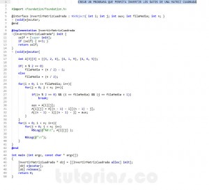 programacion en Objective C: invertir matriz cuadrada