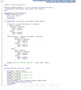 programacion en Objective C: ordenar tres numeros ascendentemente