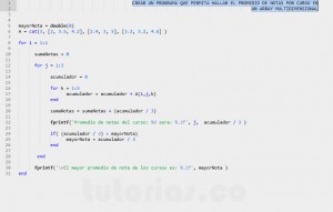 programacion en matLab: promedio de notas por curso