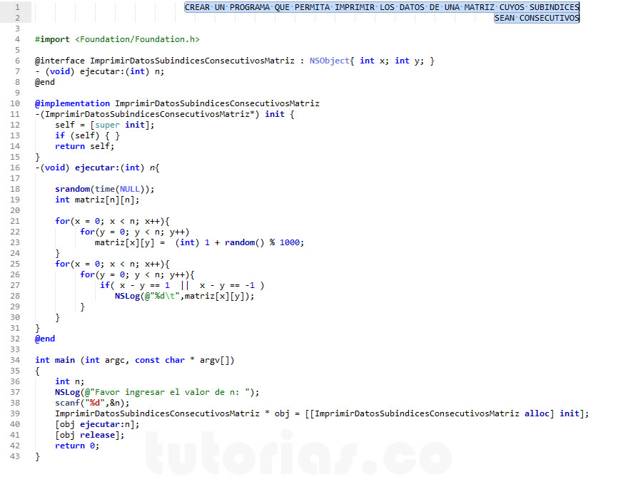 POO + arrays + Objective C (imprimir datos matriz subindices consecutivos)