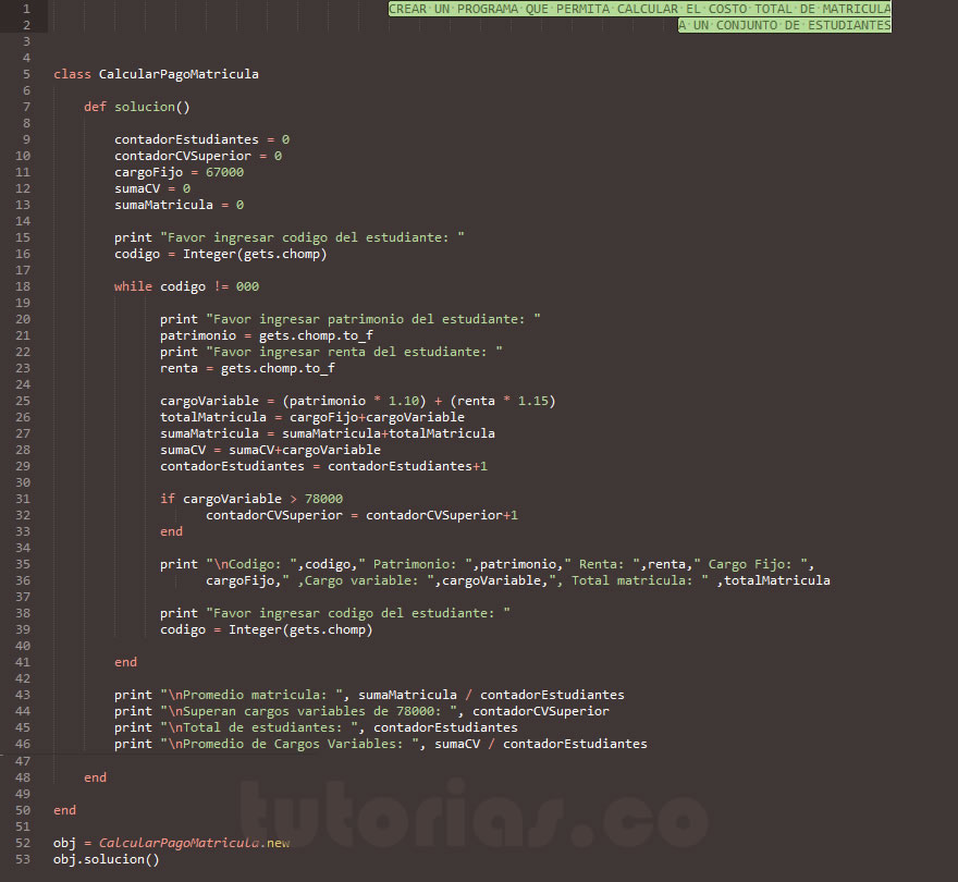 POO + ciclo while + ruby (calcular pago de matricula)