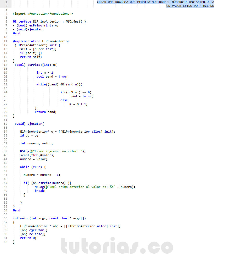 funciones + POO + Objective C (el numero primo anterior a un valor)