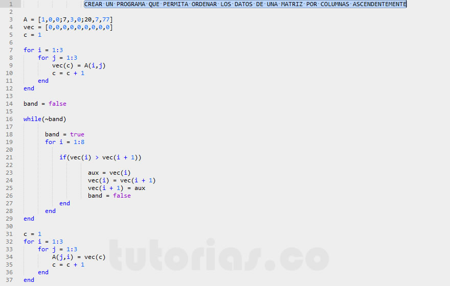 arrays – matLab (ordenar matriz por columnas ascendentemente)