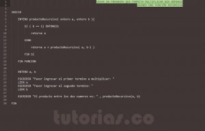 programacion en pseudocodigo: producto entre dos numeros recursivo