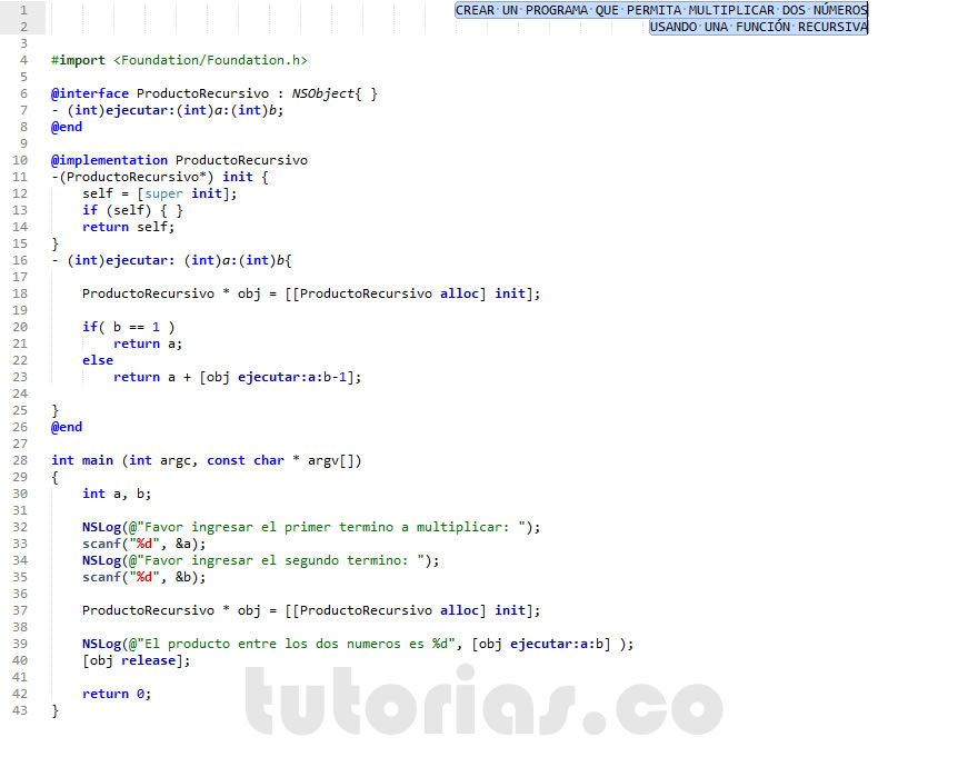 recursividad – POO + Objective C (producto recursivo entre dos numeros )