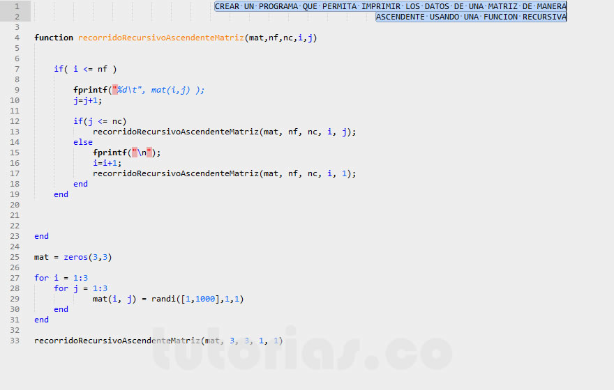 recursividad – matLab (recorrido recursivo ascendente de una matriz)