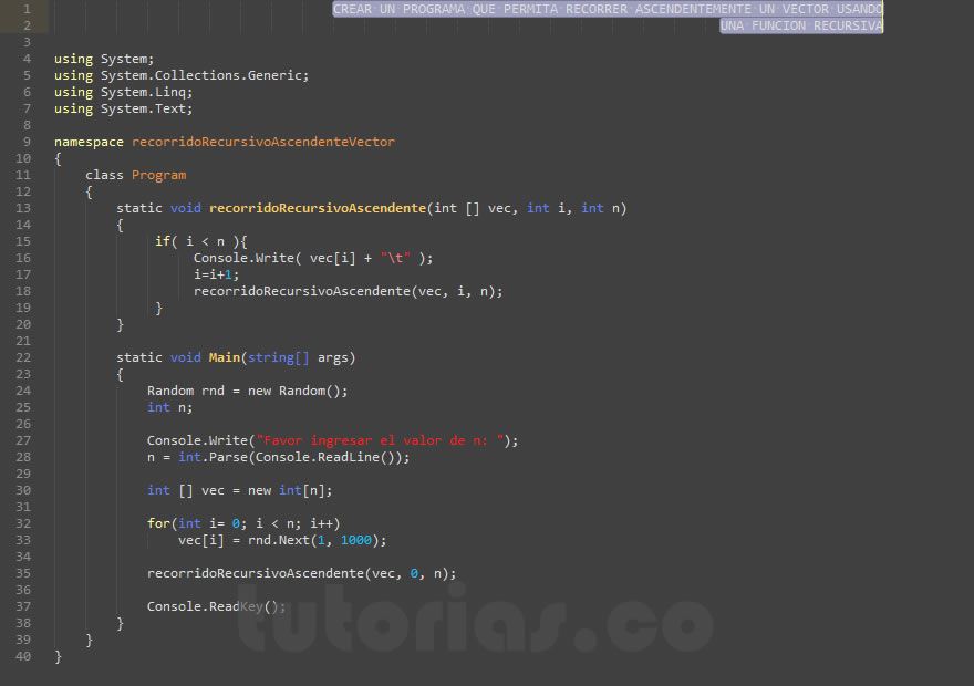 recursividad – visualStudio c# (recorrido recursivo ascendente de un vector)