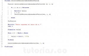 programacion en pseint: recorrido recursivo ascendente vector