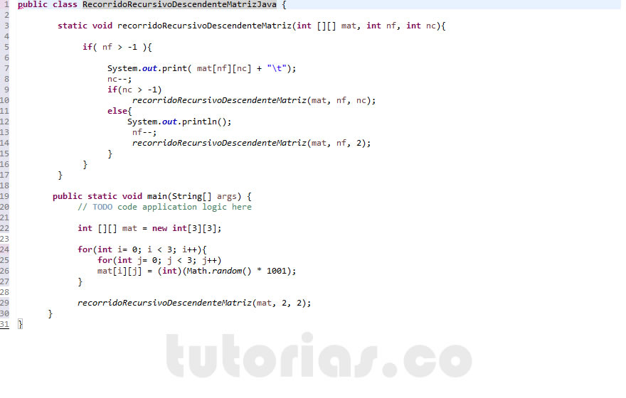 recursividad – java (recorrido recursivo descendente de una matriz)