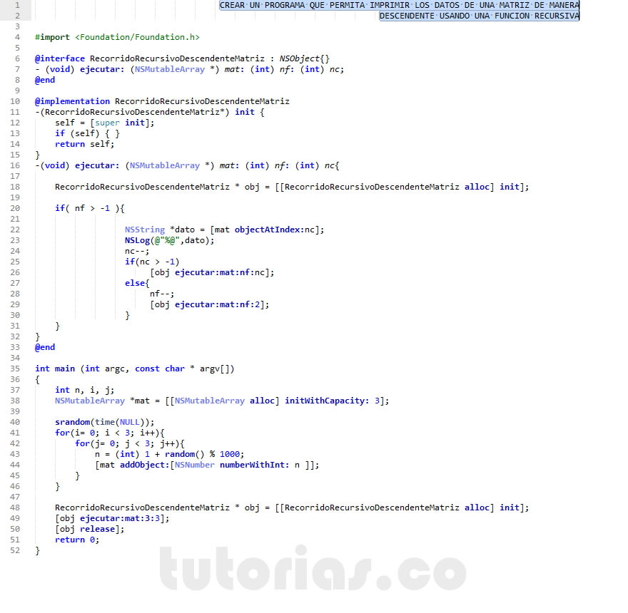 recursividad – Objective C + POO (recorrido recursivo descendente de una matriz)