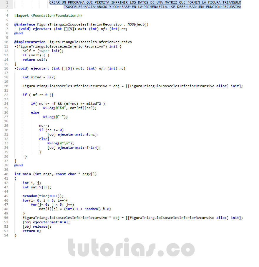 recursividad – Objective C +  POO (figura triangulo isosceles inferior recursivo)