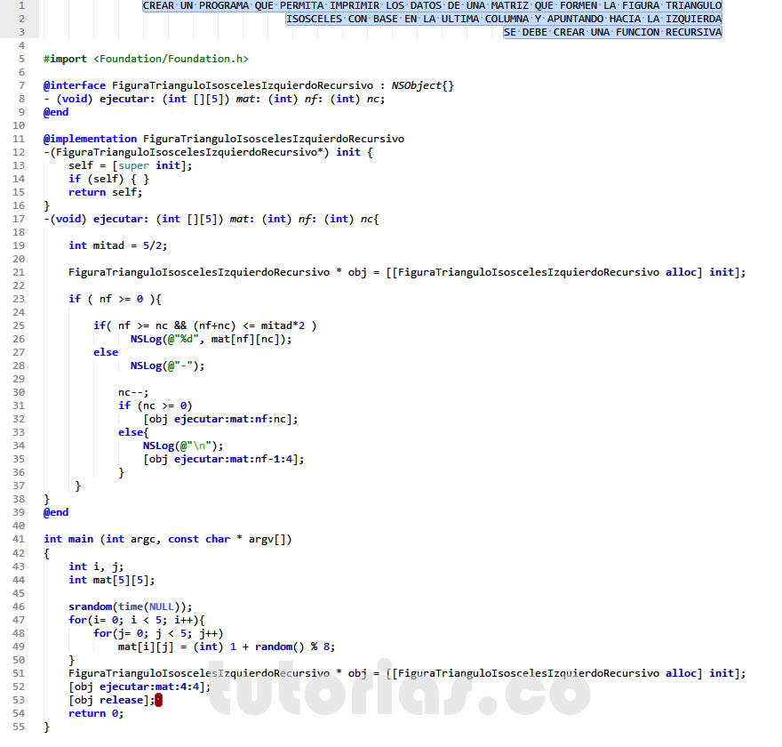 recursividad – Objective C + POO (figura triangulo isosceles izquierdo recursivo)