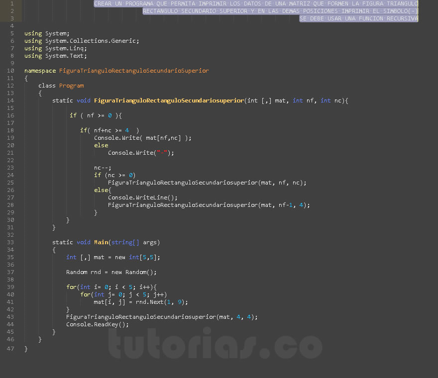 recursividad – visualStudio c# (figura triangulo rectangulo secundario superior)