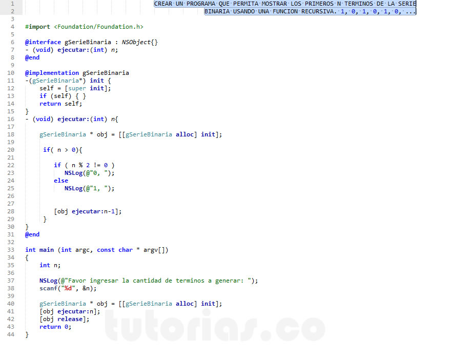 recursividad – Objective C + POO  (serie binaria)