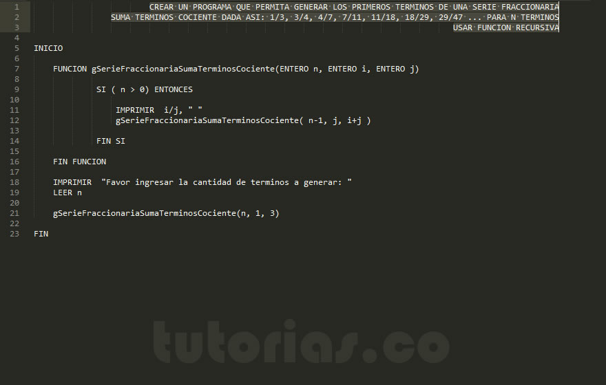 recursividad – pseudocodigo (serie fraccionaria suma terminos cociente)