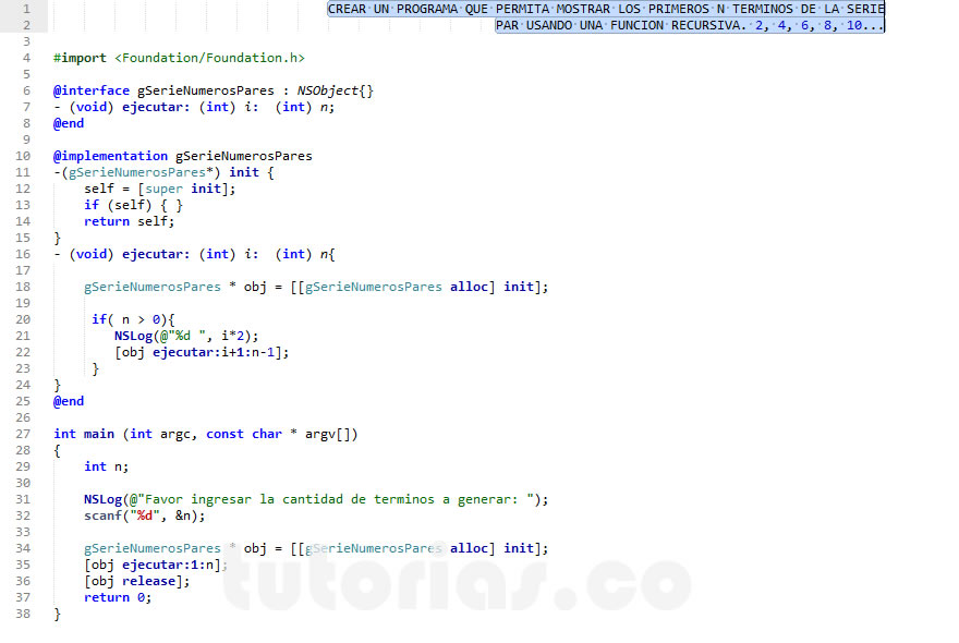 programacion en Objective C: serie numeros pares recursivo
