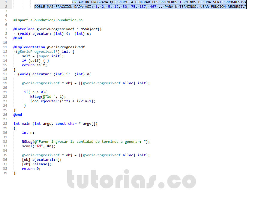 recursividad – Objective C + POO  (serie progresiva doble mas fraccion )