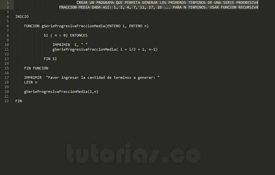 recursividad – pseudocodigo (serie progresiva fraccion media)