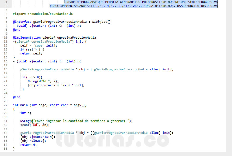 recursividad – Objective C + POO (serie progresiva fraccion media)