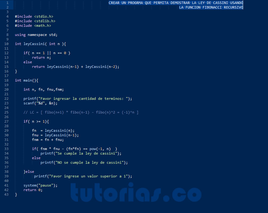 recursividad – turbo C (ley de cassini)