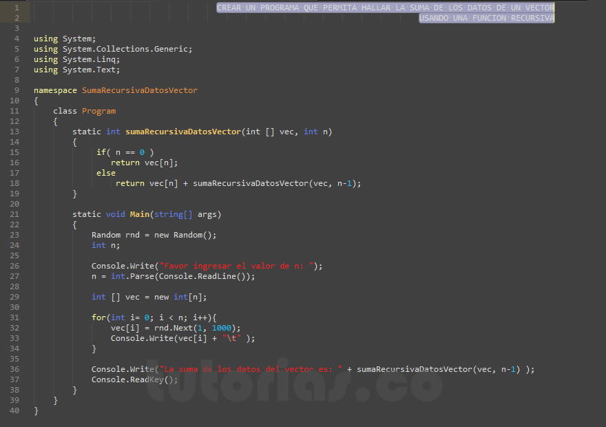 recursividad – visualStudio c#  (suma recursiva datos vector)