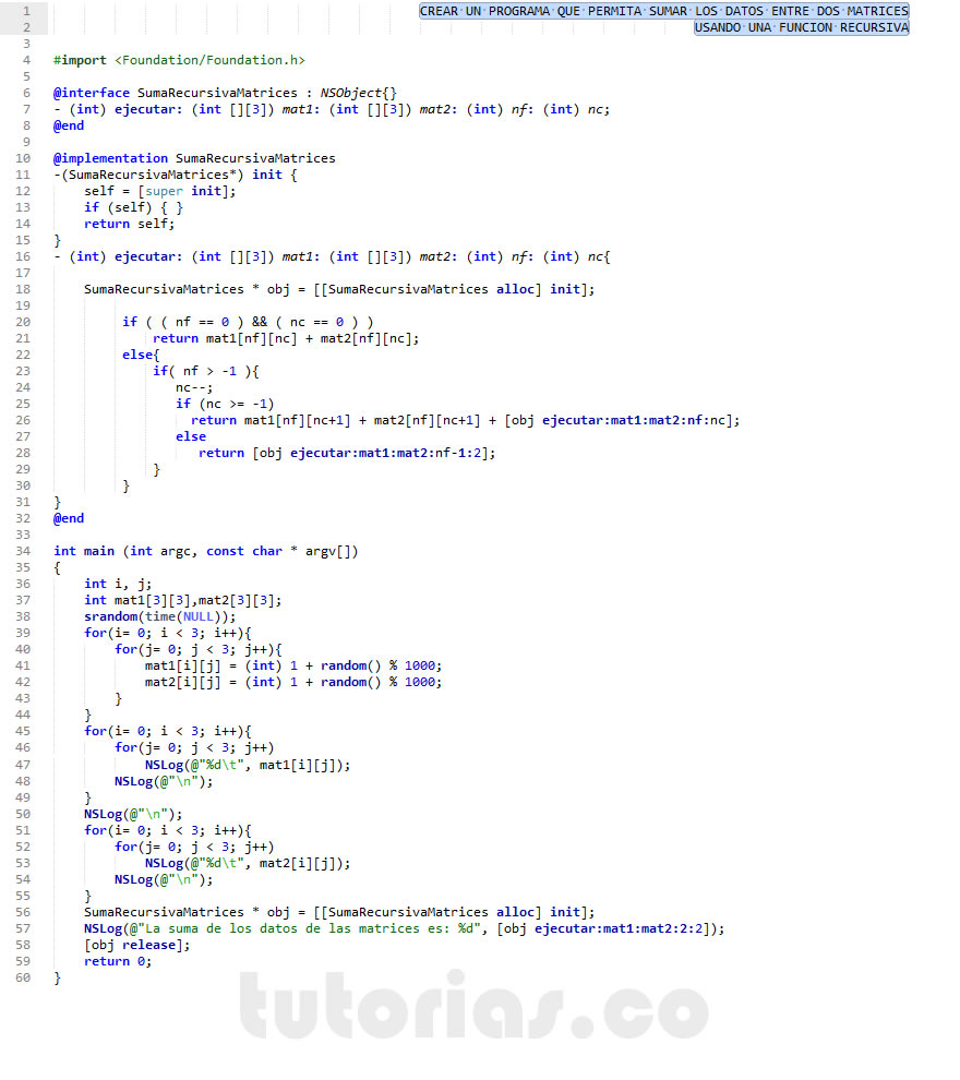 recursividad – Objective C + POO (suma recursiva entre dos matrices)