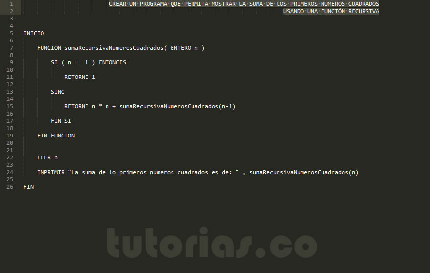 recursividad – pseudocodigo (suma recursiva de numeros cuadrados)