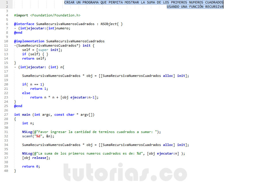 recursividad – Objective C + POO (suma recursiva de numeros cuadrados)