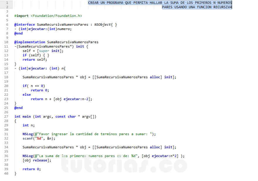 recursividad – Objective C + POO  (suma recursiva de numeros pares)