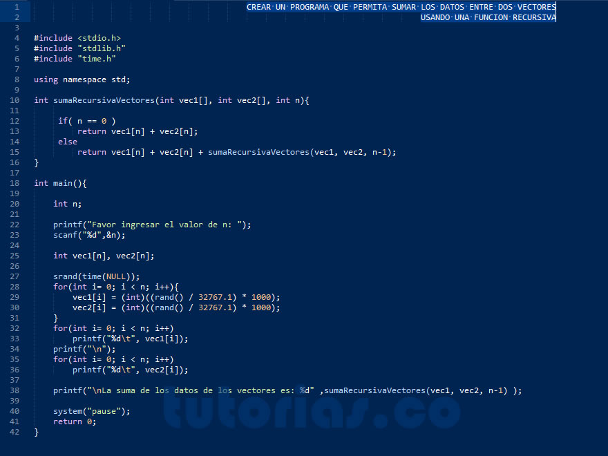 recursividad – turbo C (suma recursiva entre dos vectores)