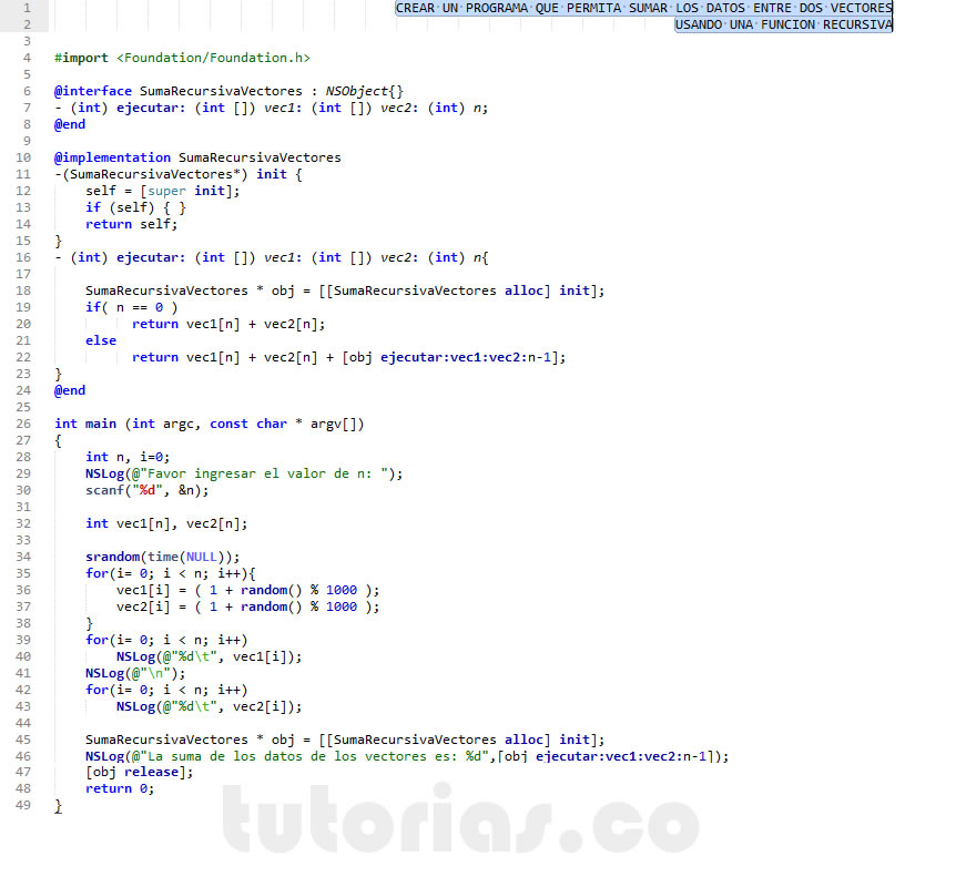 recursividad – Objective C + POO (suma recursiva entre dos vectores)